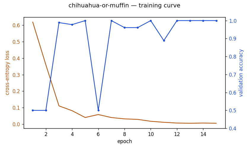 training curve: loss falling, validation accuracy rising from chance